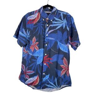 Tommy Hillfiger, Size Medium, Navy Blue Leaf Shirt, Linen Blend, Tropical, Vacay